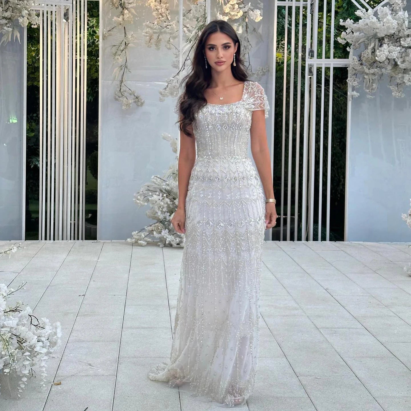 Elegant Blush Pink Beaded Formal Dress with Sleeves SL209