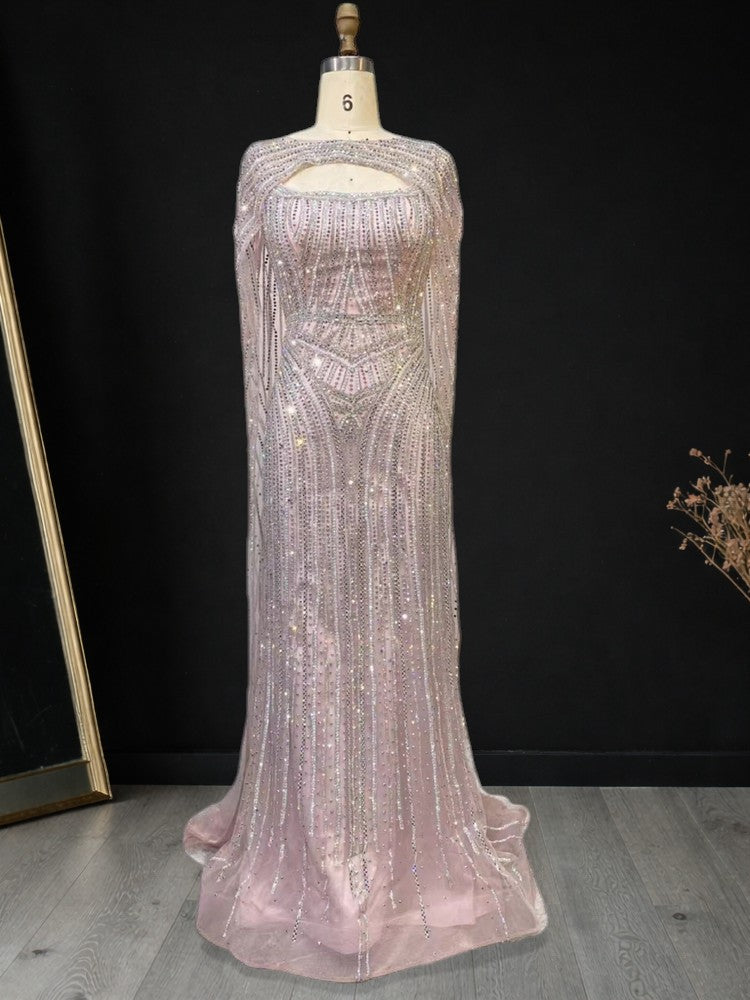 Luxury Light Gold Evening Gown with Sparkling Cape Detail SL171