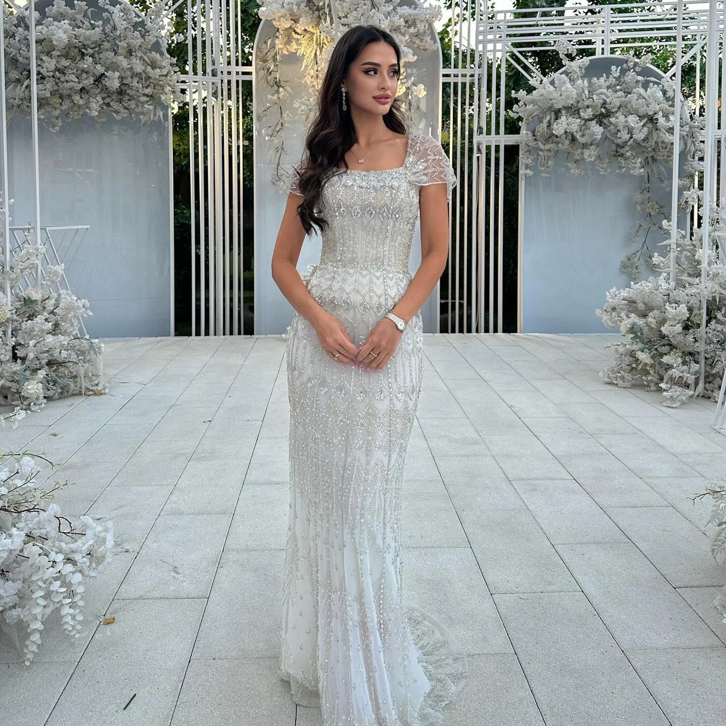 Elegant Blush Pink Beaded Formal Dress with Sleeves SL209