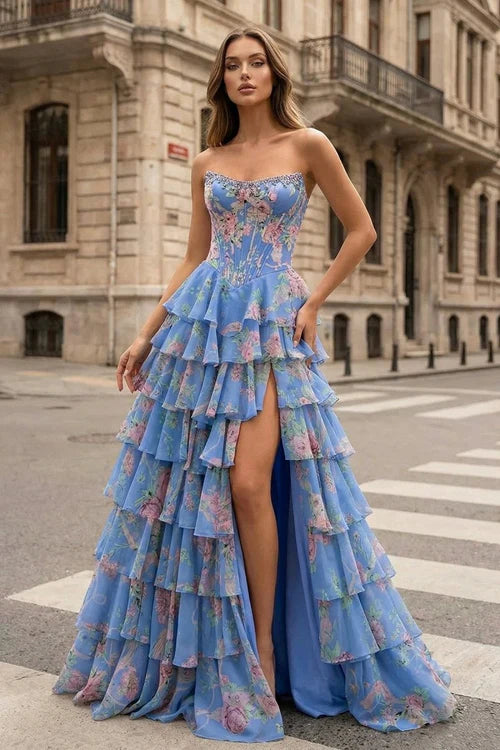 Floral Tiered Strapless with Slit Prom Gown CZ154