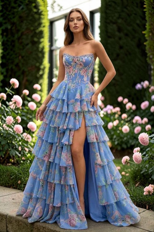 Floral Tiered Strapless with Slit Prom Gown CZ154
