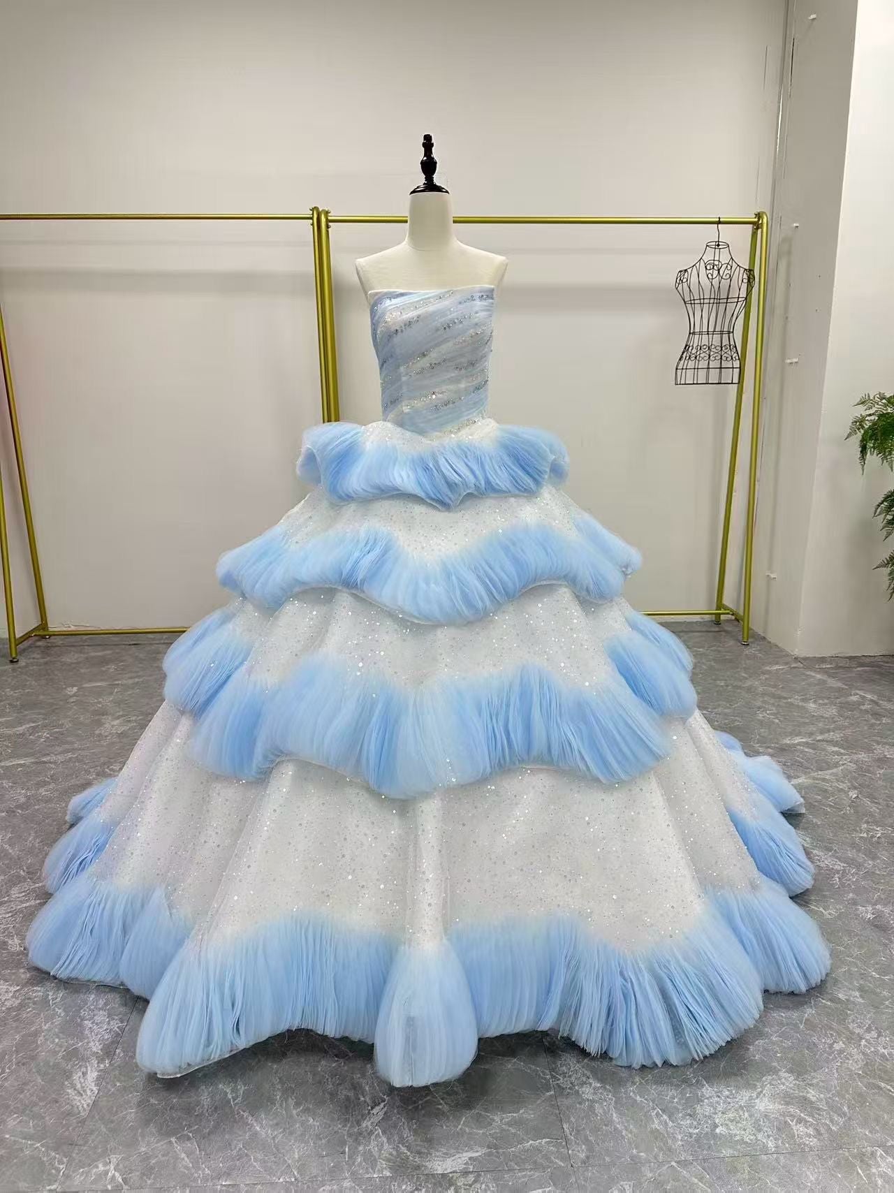 Luxury Layered Blue Tulle Ball Gown Bridal Dress LO213