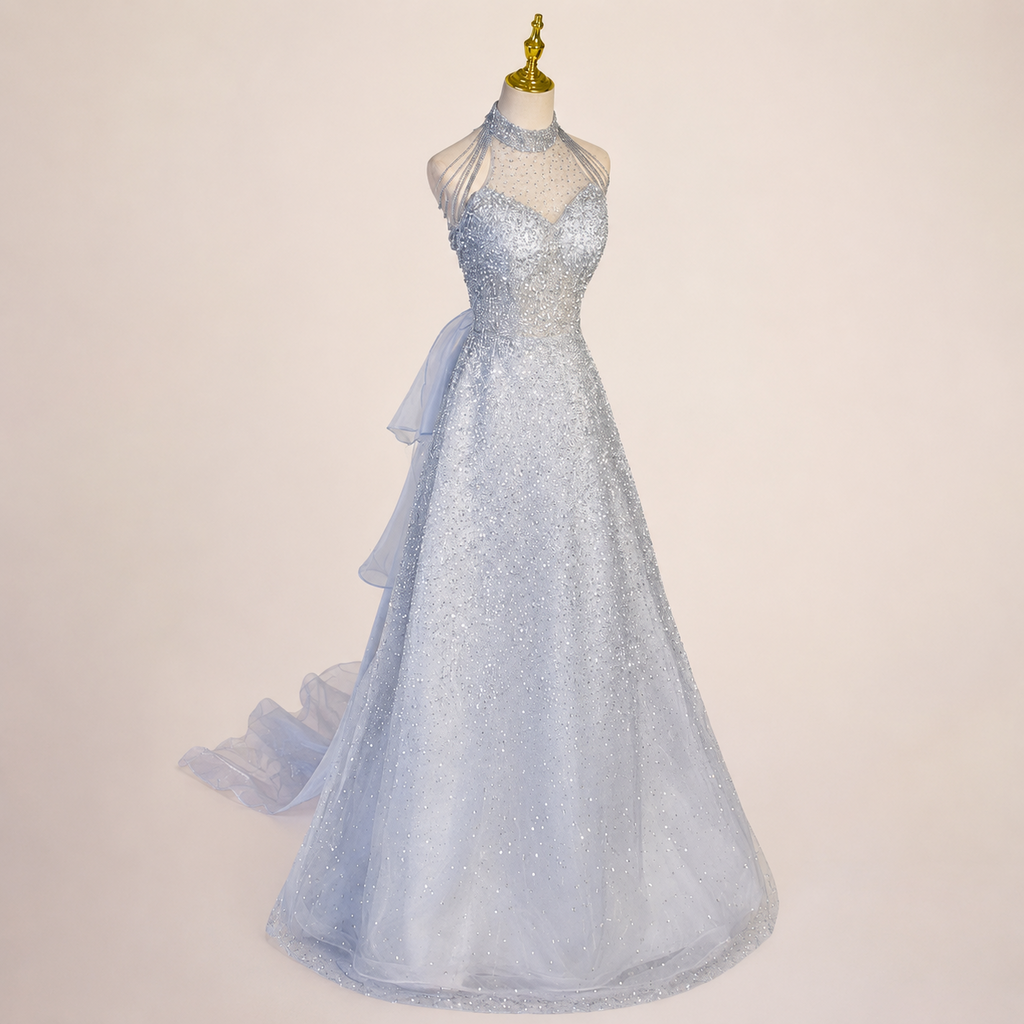 Elegant Blue Sparkling Halter Evening Dress with Beaded Illusion Neckline SL139