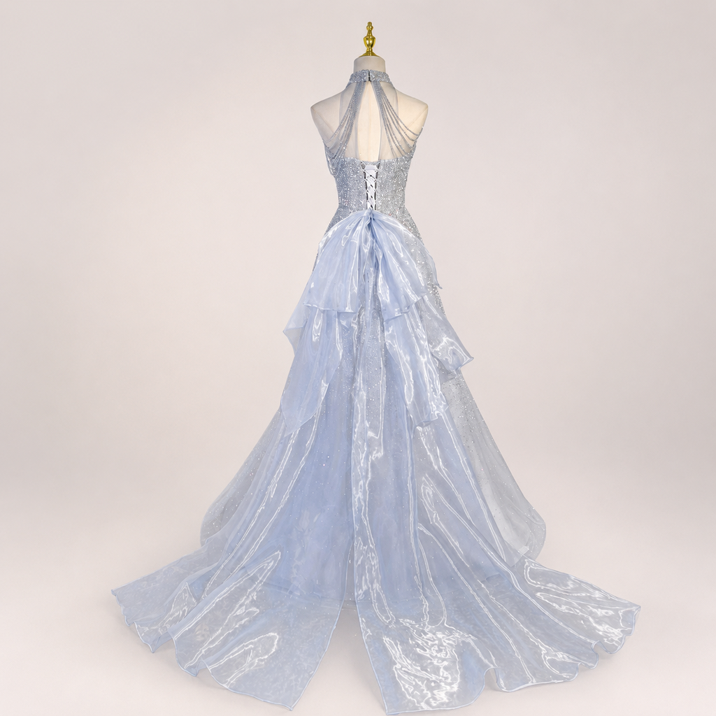 Elegant Blue Sparkling Halter Evening Dress with Beaded Illusion Neckline SL139