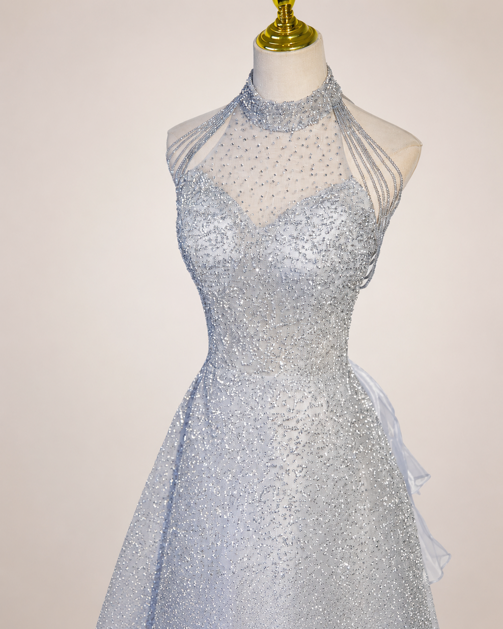 Elegant Blue Sparkling Halter Evening Dress with Beaded Illusion Neckline SL139