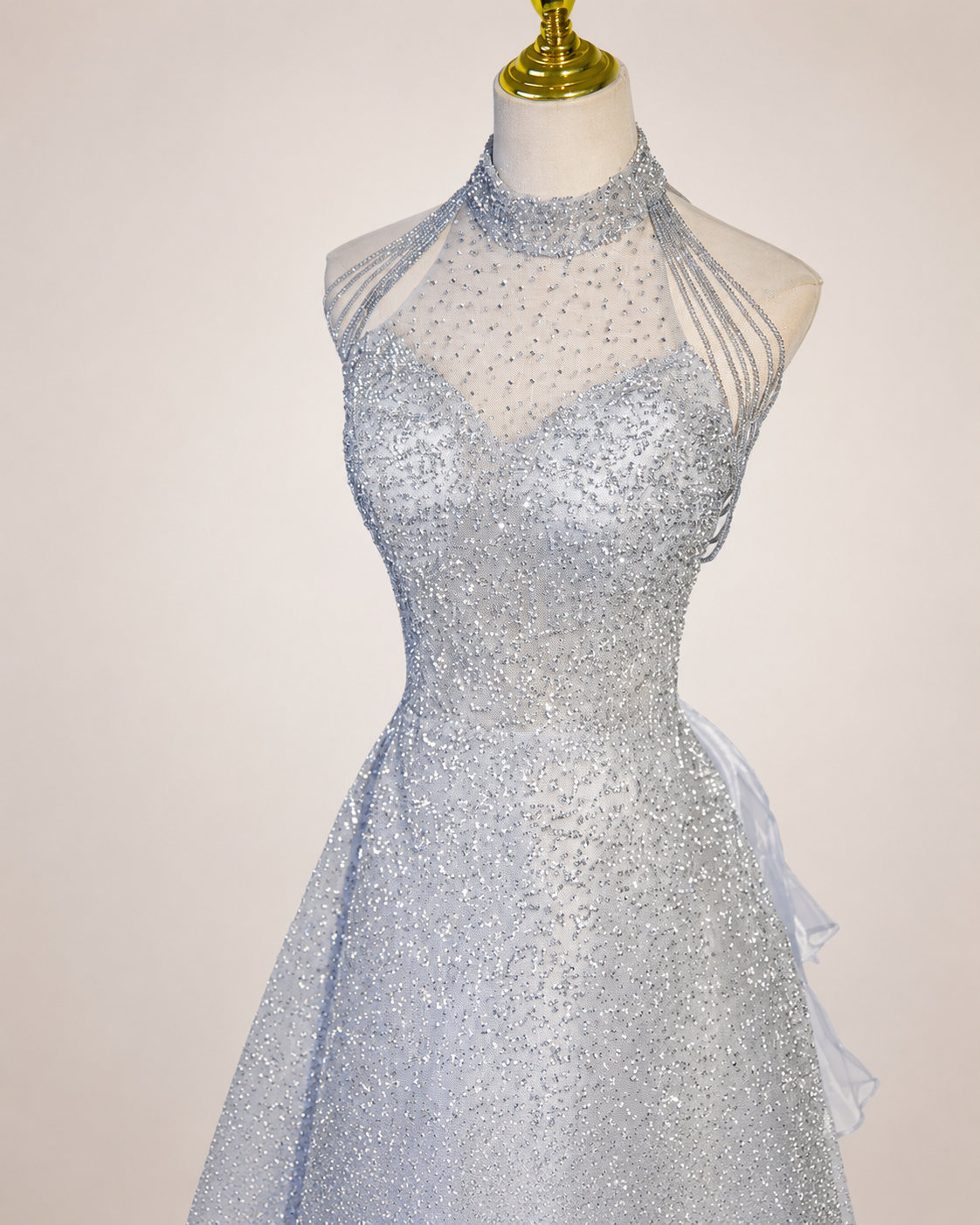 Elegant Blue Sparkling Halter Evening Dress with Beaded Illusion Neckline SL139
