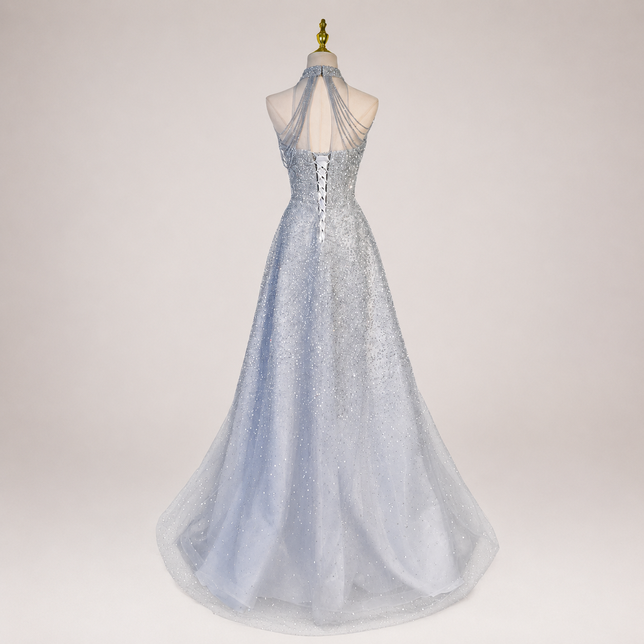 Elegant Blue Sparkling Halter Evening Dress with Beaded Illusion Neckline SL139