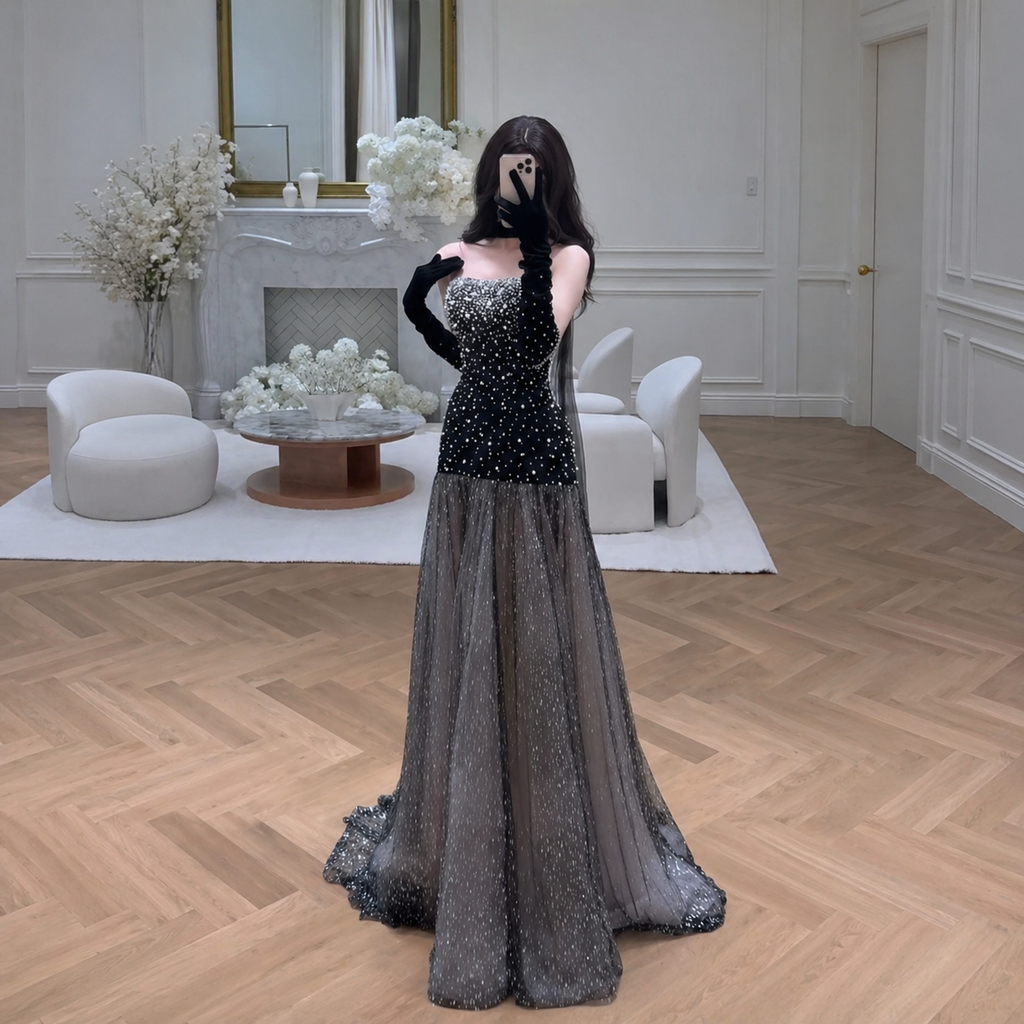 Luxury Black Pearl Embellished Midnight Princess Evening Dress YJ122