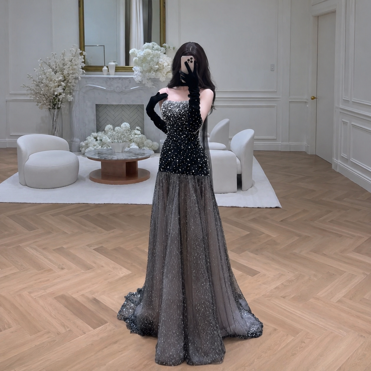 Luxury Black Pearl Embellished Midnight Princess Evening Dress YJ122