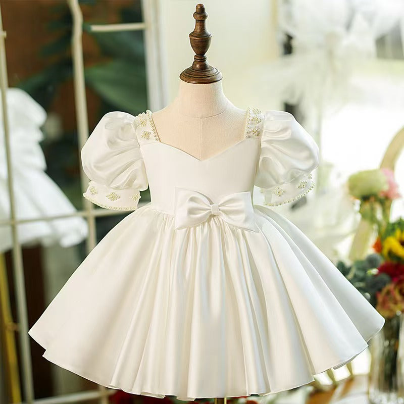 Bow Accented White Flower Girl Dress for Church Ceremonies Garden Weddings S067