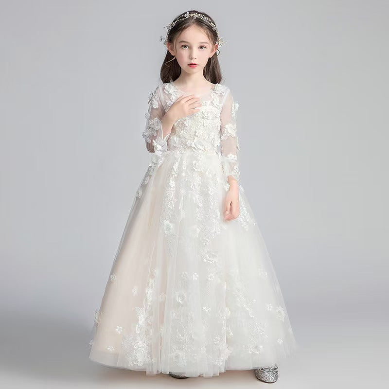 Lace Embellished Ivory Flower Girl Dress for Church Weddings L044