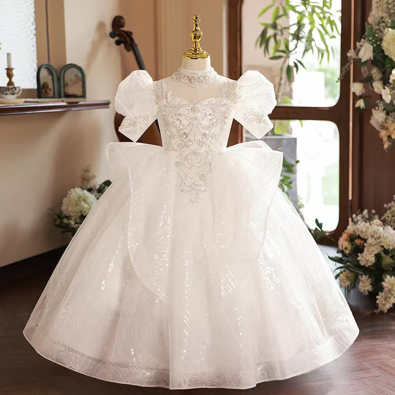 Elegant White Beaded Flower Girl Dress for Luxury Manor Weddings L042