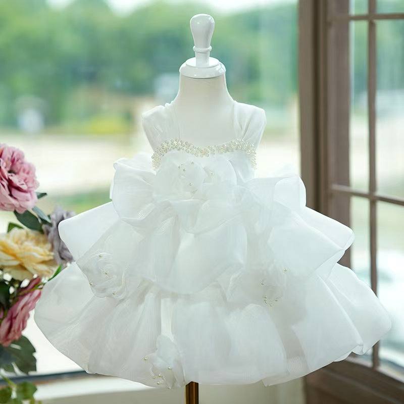 3D Floral Pearl White Flower Girl Dress for Church Weddings Garden Ceremonies S064