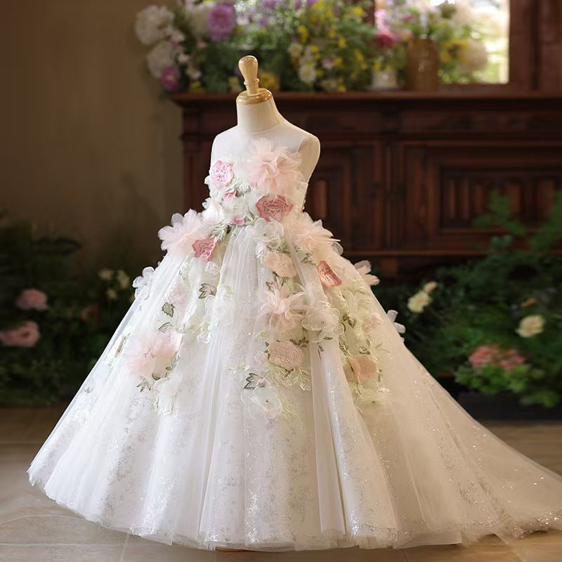 3D Floral Applique White Flower Girl Dress for Wedding L001
