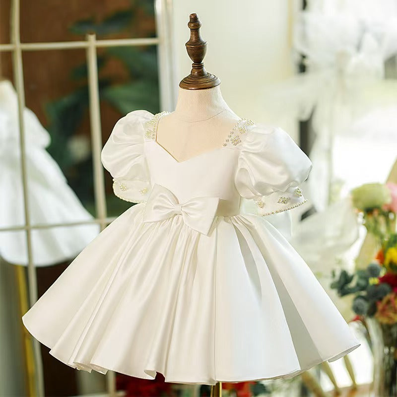 Bow Accented White Flower Girl Dress for Church Ceremonies Garden Weddings S067