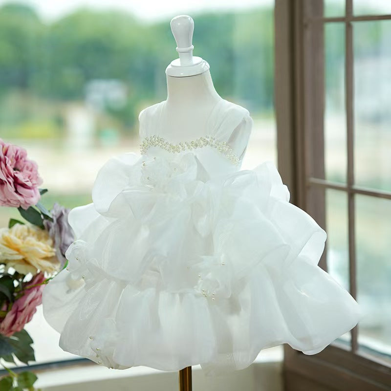 3D Floral Pearl White Flower Girl Dress for Church Weddings Garden Ceremonies S064