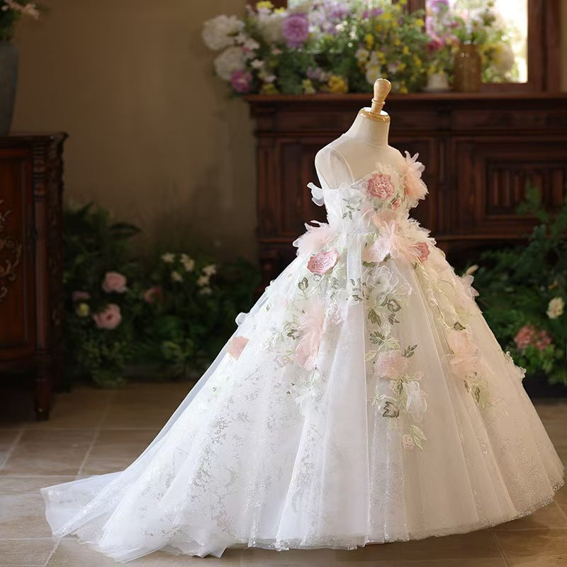 3D Floral Applique White Flower Girl Dress for Wedding L001