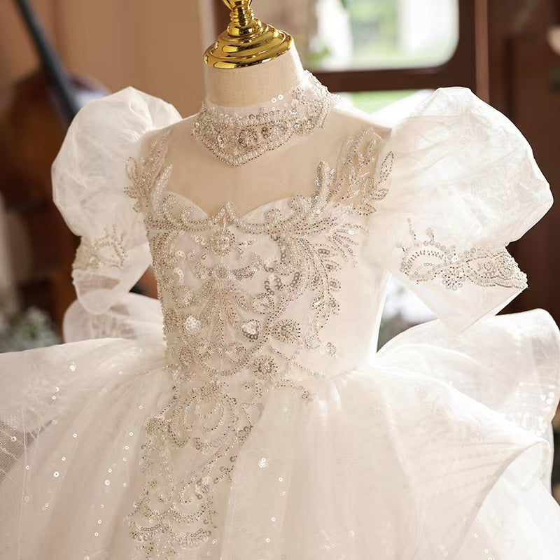Elegant White Beaded Flower Girl Dress for Luxury Manor Weddings L042