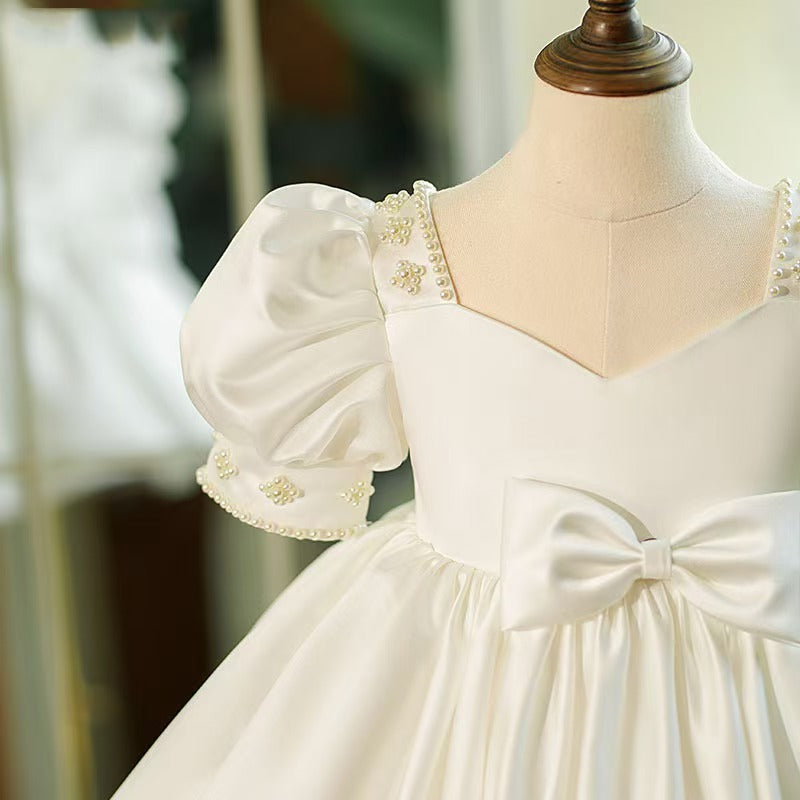 Bow Accented White Flower Girl Dress for Church Ceremonies Garden Weddings S067