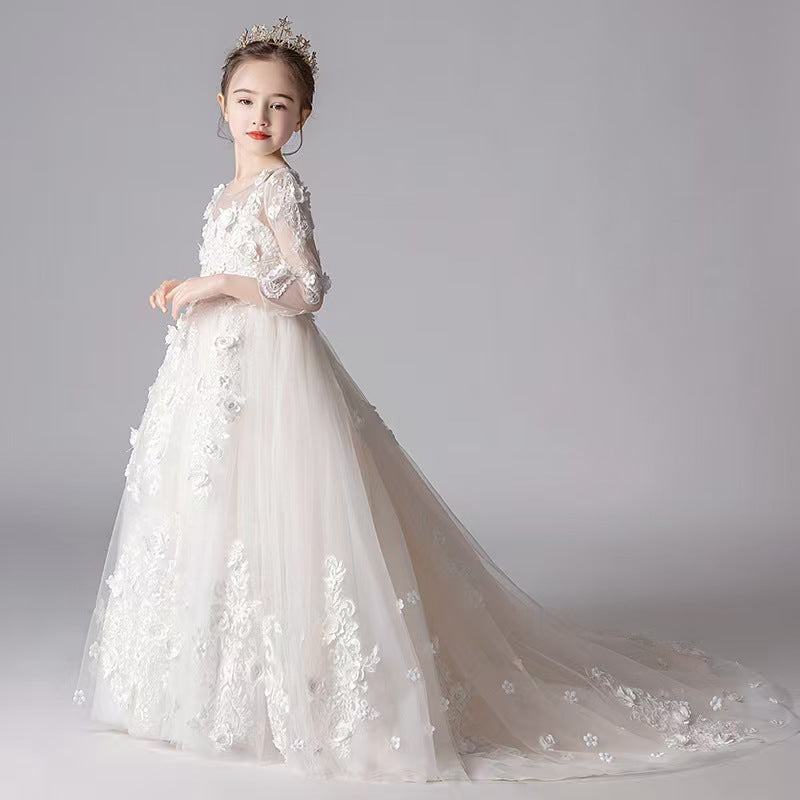 Lace Embellished Ivory Flower Girl Dress for Church Weddings L044