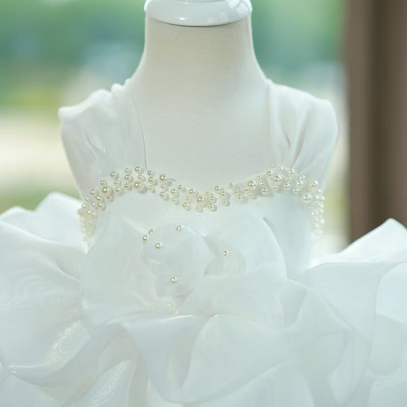 3D Floral Pearl White Flower Girl Dress for Church Weddings Garden Ceremonies S064