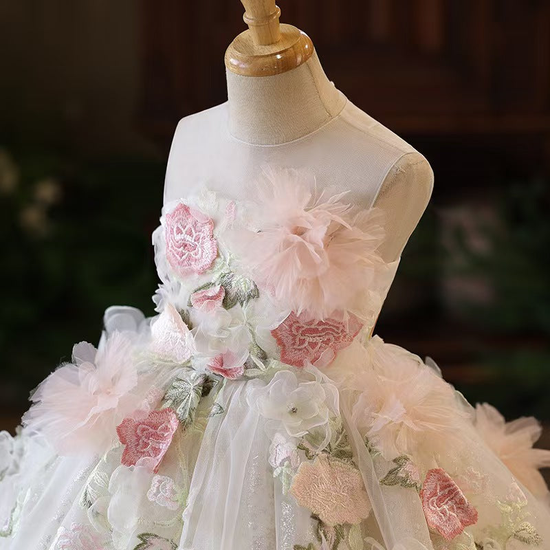 3D Floral Applique White Flower Girl Dress for Wedding L001