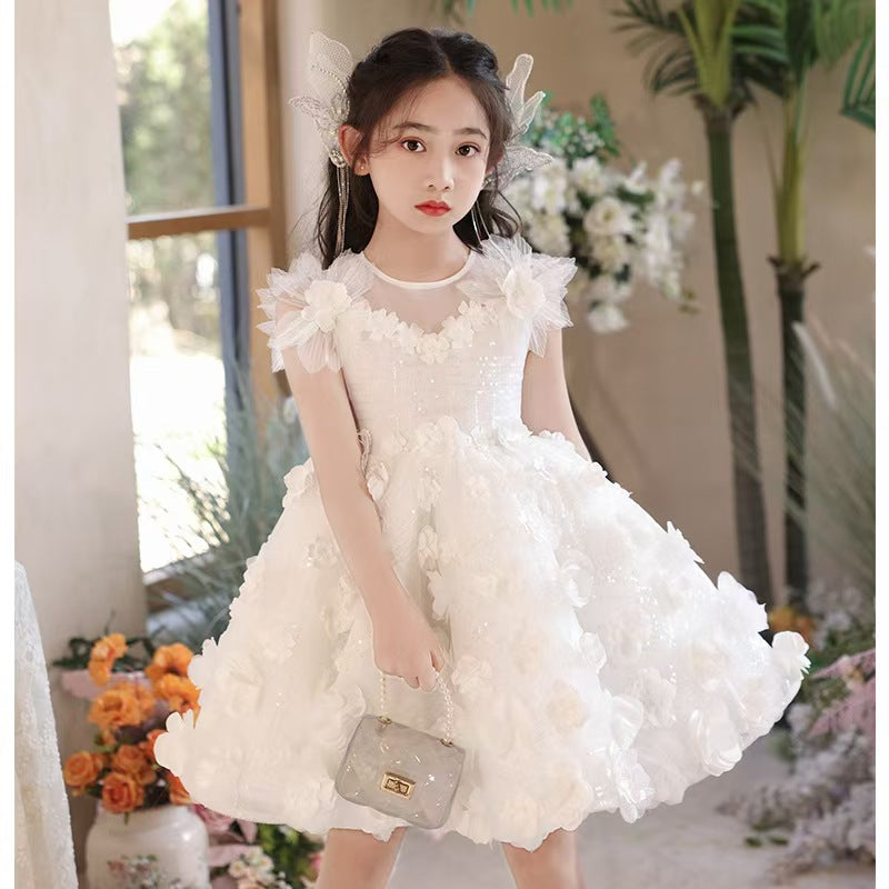3D Floral White Tulle Flower Girl Dress for Wedding L002