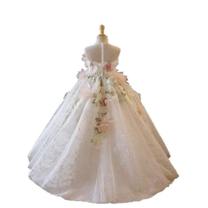 3D Floral Applique White Flower Girl Dress for Wedding L001