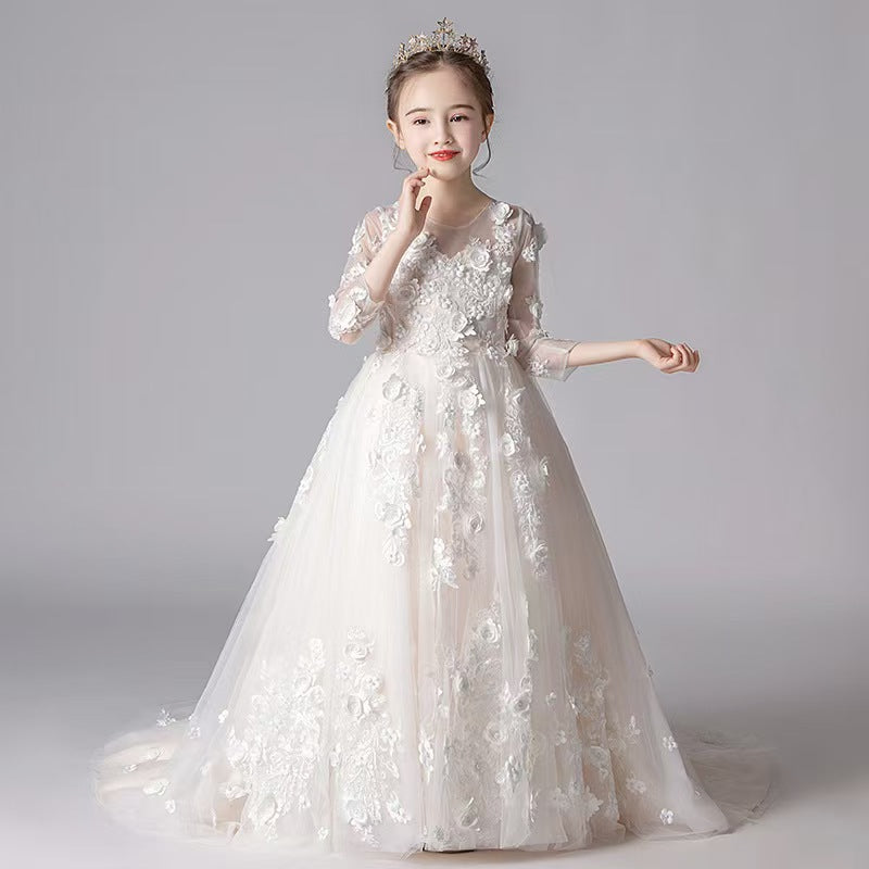 Lace Embellished Ivory Flower Girl Dress for Church Weddings L044