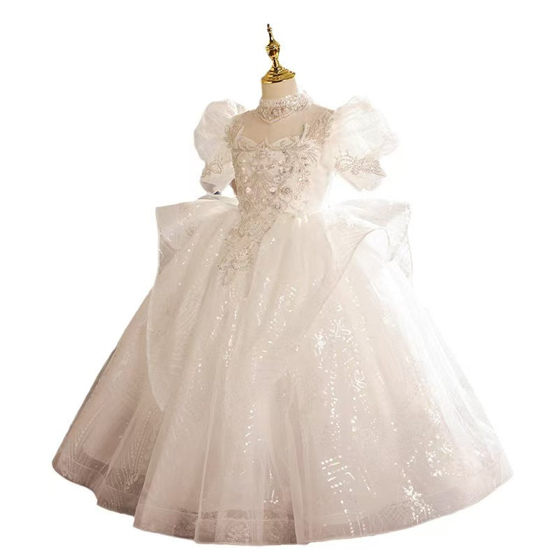 Elegant White Beaded Flower Girl Dress for Luxury Manor Weddings L042