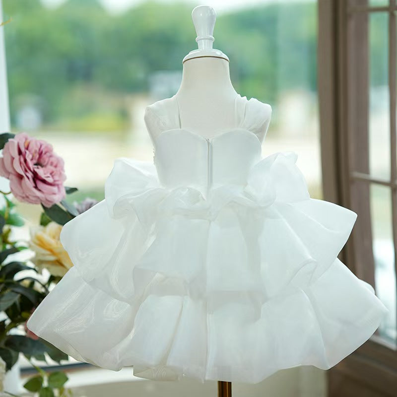 3D Floral Pearl White Flower Girl Dress for Church Weddings Garden Ceremonies S064