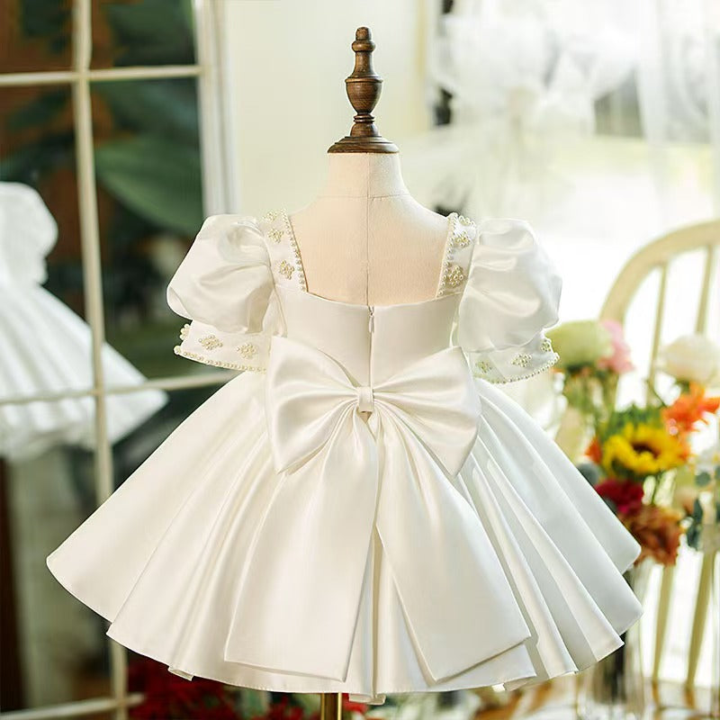 Bow Accented White Flower Girl Dress for Church Ceremonies Garden Weddings S067
