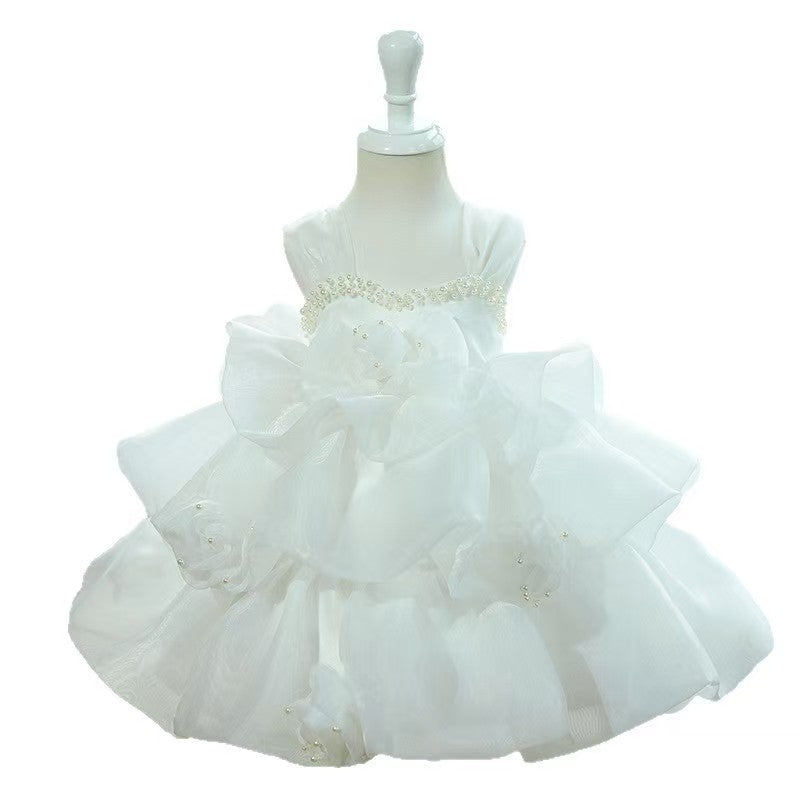 3D Floral Pearl White Flower Girl Dress for Church Weddings Garden Ceremonies S064