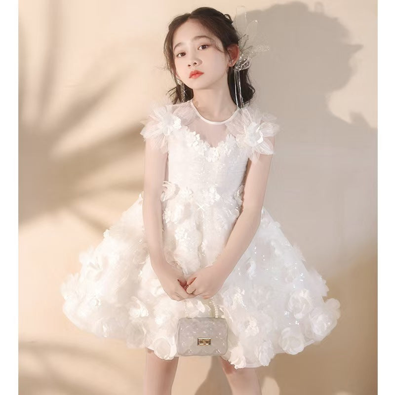 3D Floral White Tulle Flower Girl Dress for Wedding L002