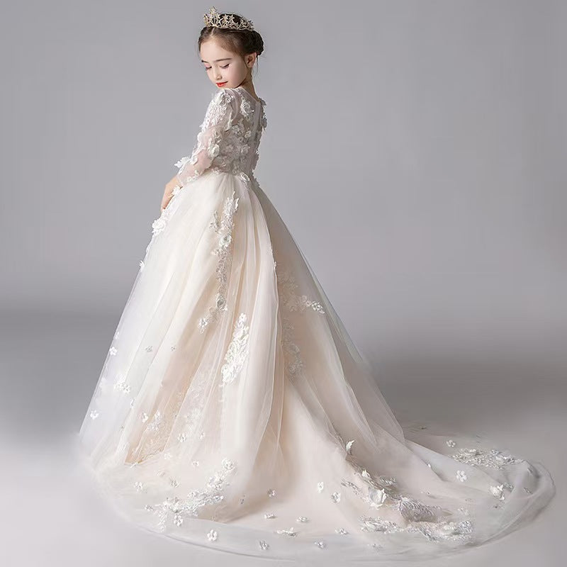 Lace Embellished Ivory Flower Girl Dress for Church Weddings L044