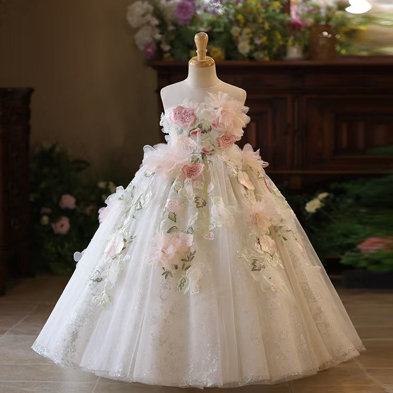 3D Floral Applique White Flower Girl Dress for Wedding L001