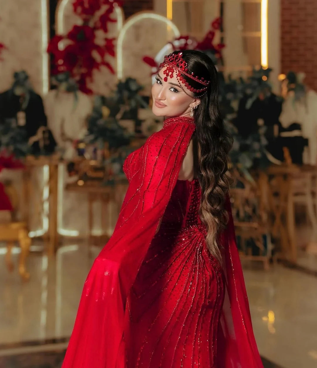 Luxury Beaded Evening Dress with Sparkling Cape Train YL134