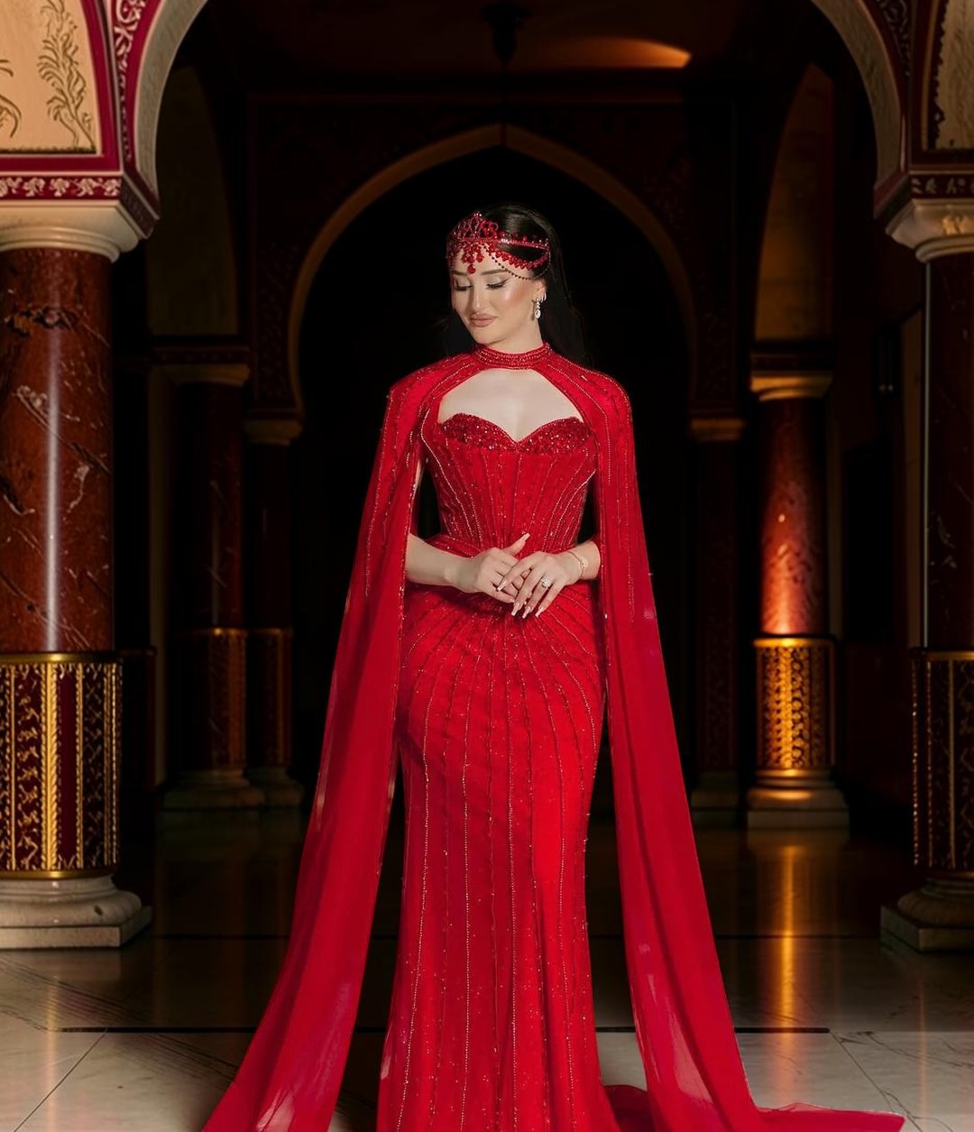 Luxury Beaded Evening Dress with Sparkling Cape Train YL134