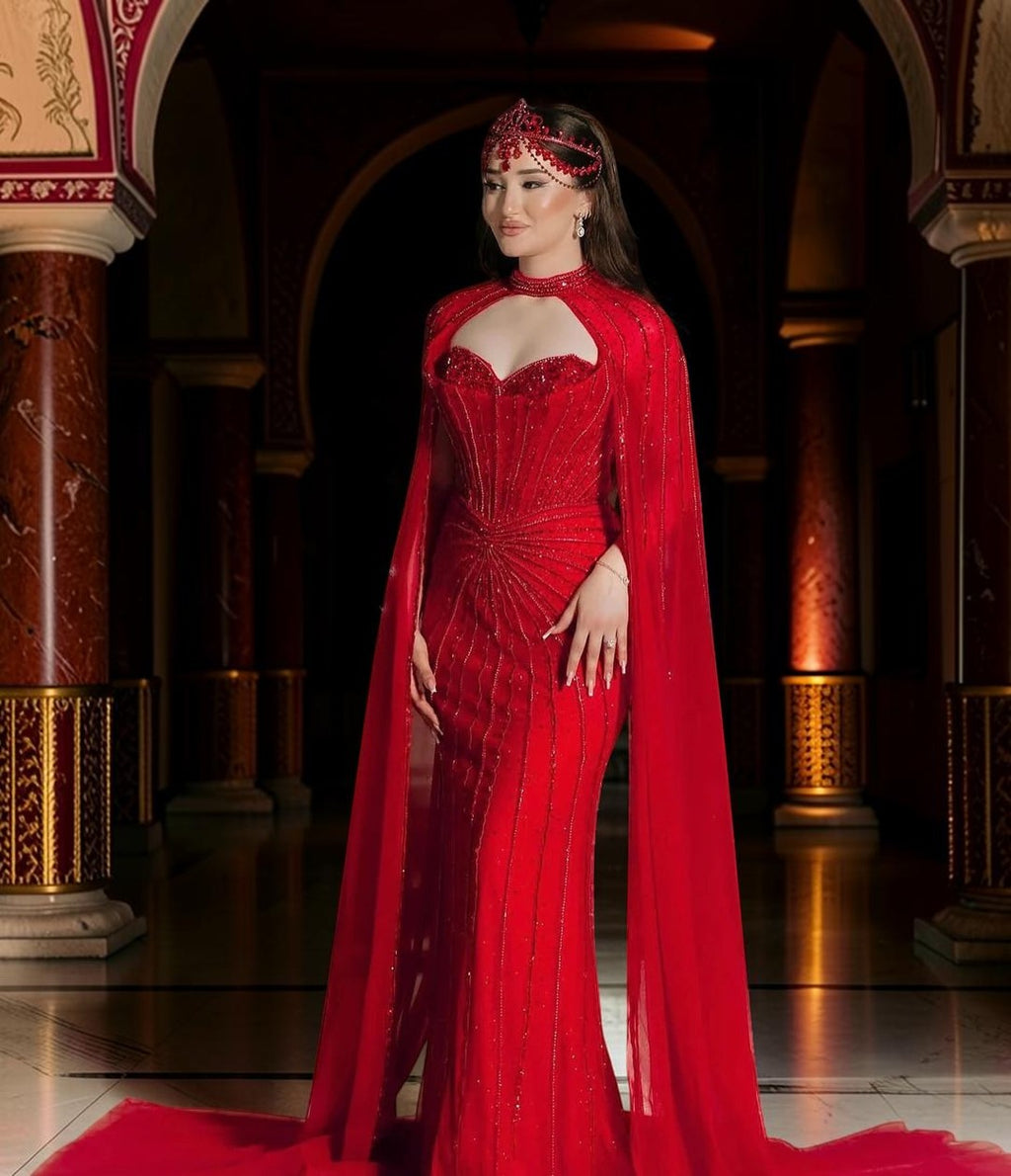 Luxury Beaded Evening Dress with Sparkling Cape Train YL134