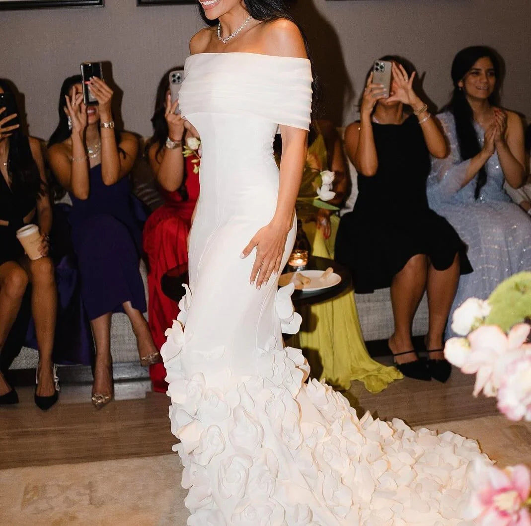 Luxury White Off-Shoulder Evening Gown with 3D Floral Appliqués YL135