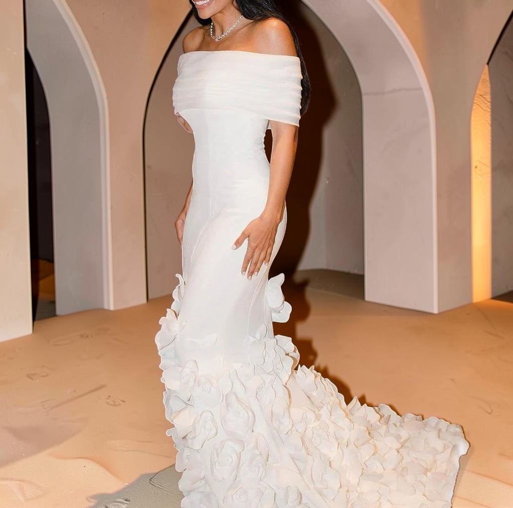 Luxury White Off-Shoulder Evening Gown with 3D Floral Appliqués YL135