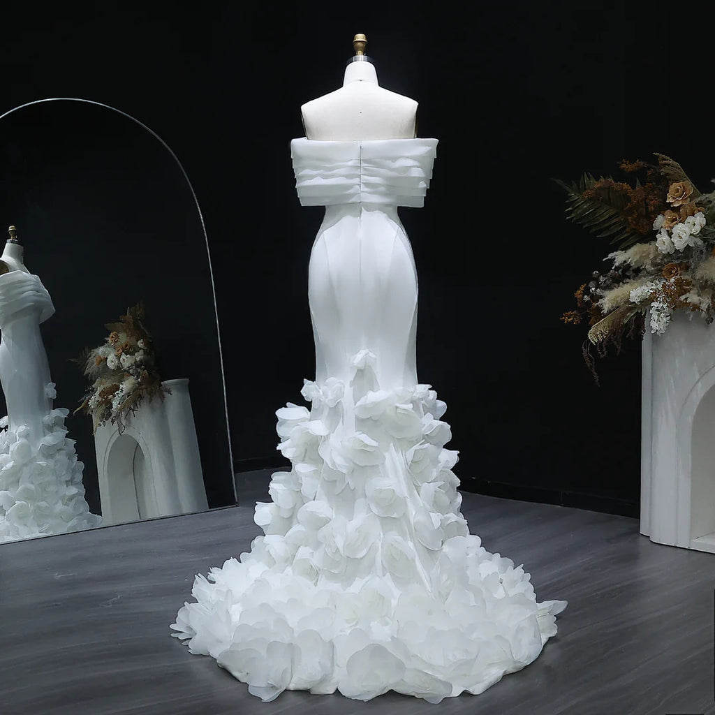 Luxury White Off-Shoulder Evening Gown with 3D Floral Appliqués YL135