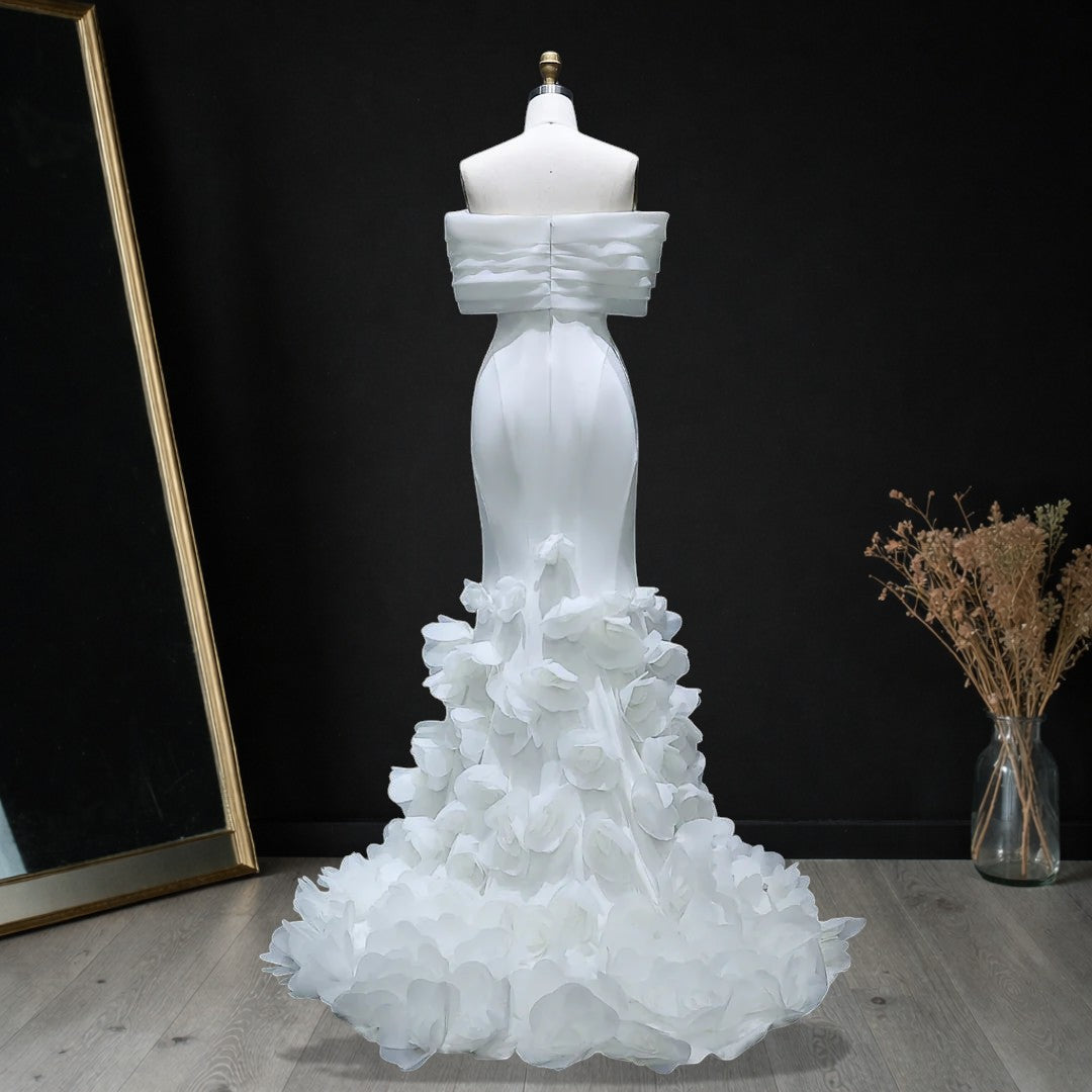 Luxury White Off-Shoulder Evening Gown with 3D Floral Appliqués YL135