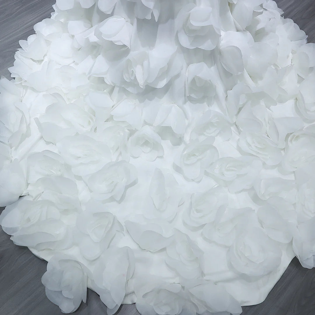 Luxury White Off-Shoulder Evening Gown with 3D Floral Appliqués YL135