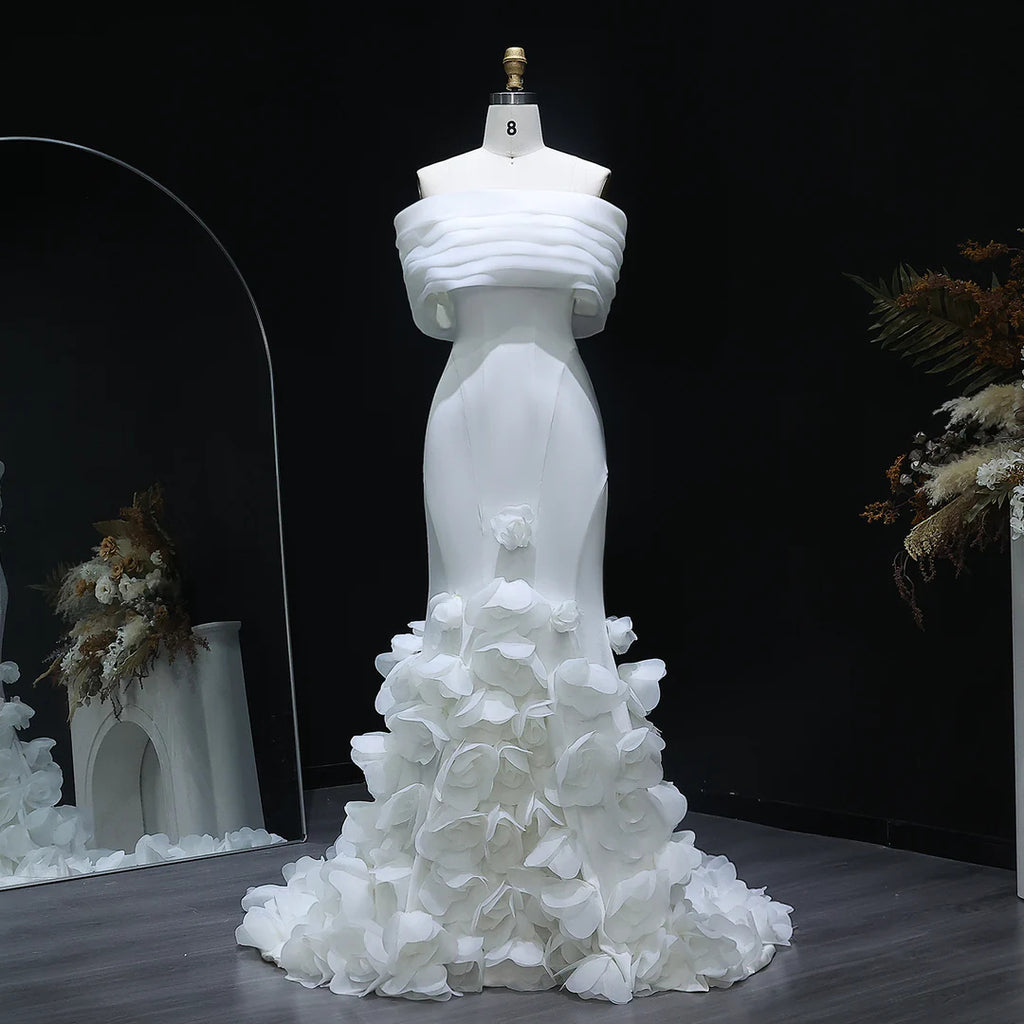 Luxury White Off-Shoulder Evening Gown with 3D Floral Appliqués YL135