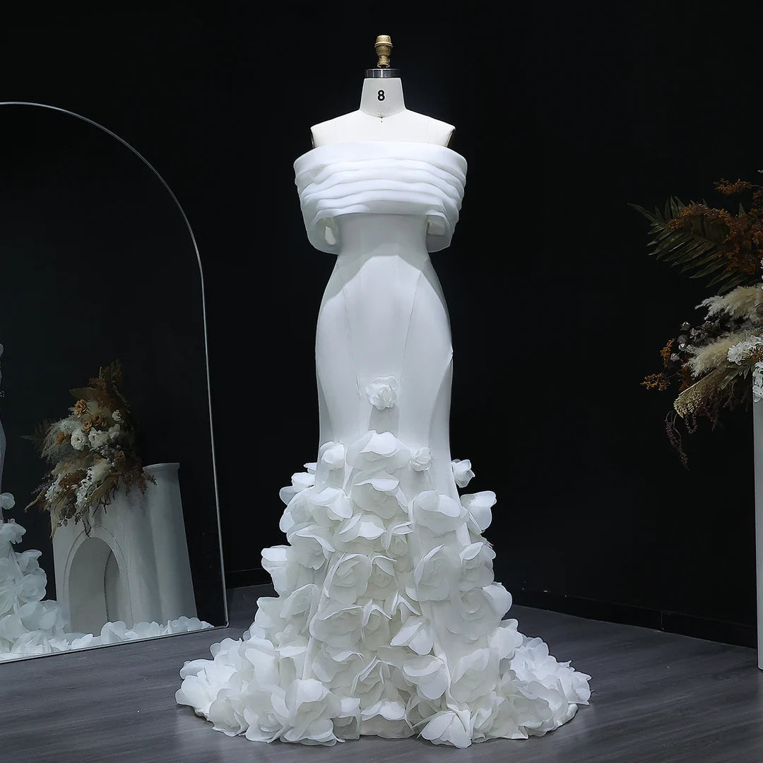 Luxury White Off-Shoulder Evening Gown with 3D Floral Appliqués YL135