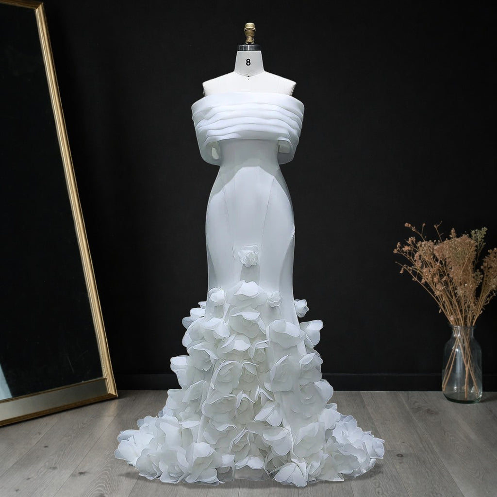 Luxury White Off-Shoulder Evening Gown with 3D Floral Appliqués YL135