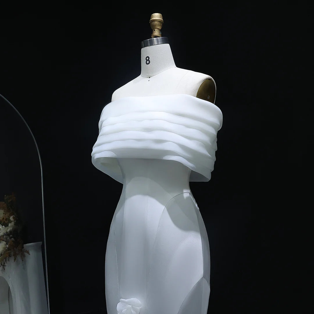 Luxury White Off-Shoulder Evening Gown with 3D Floral Appliqués YL135