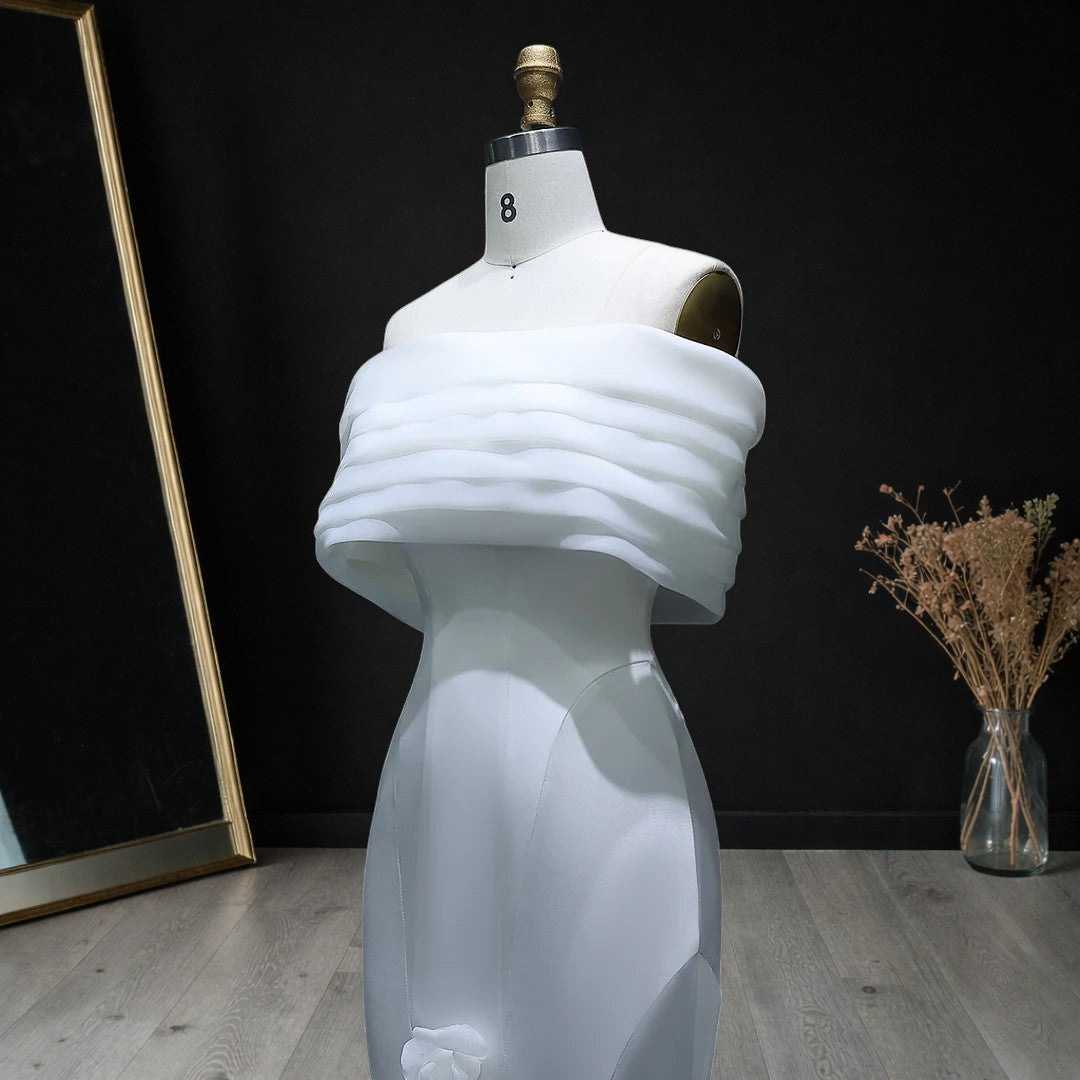 Luxury White Off-Shoulder Evening Gown with 3D Floral Appliqués YL135