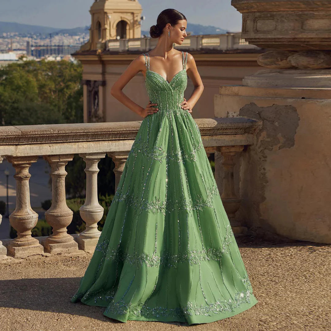 Luxury Dubai Style Green Beaded Evening Gown with Spaghetti Straps YL136